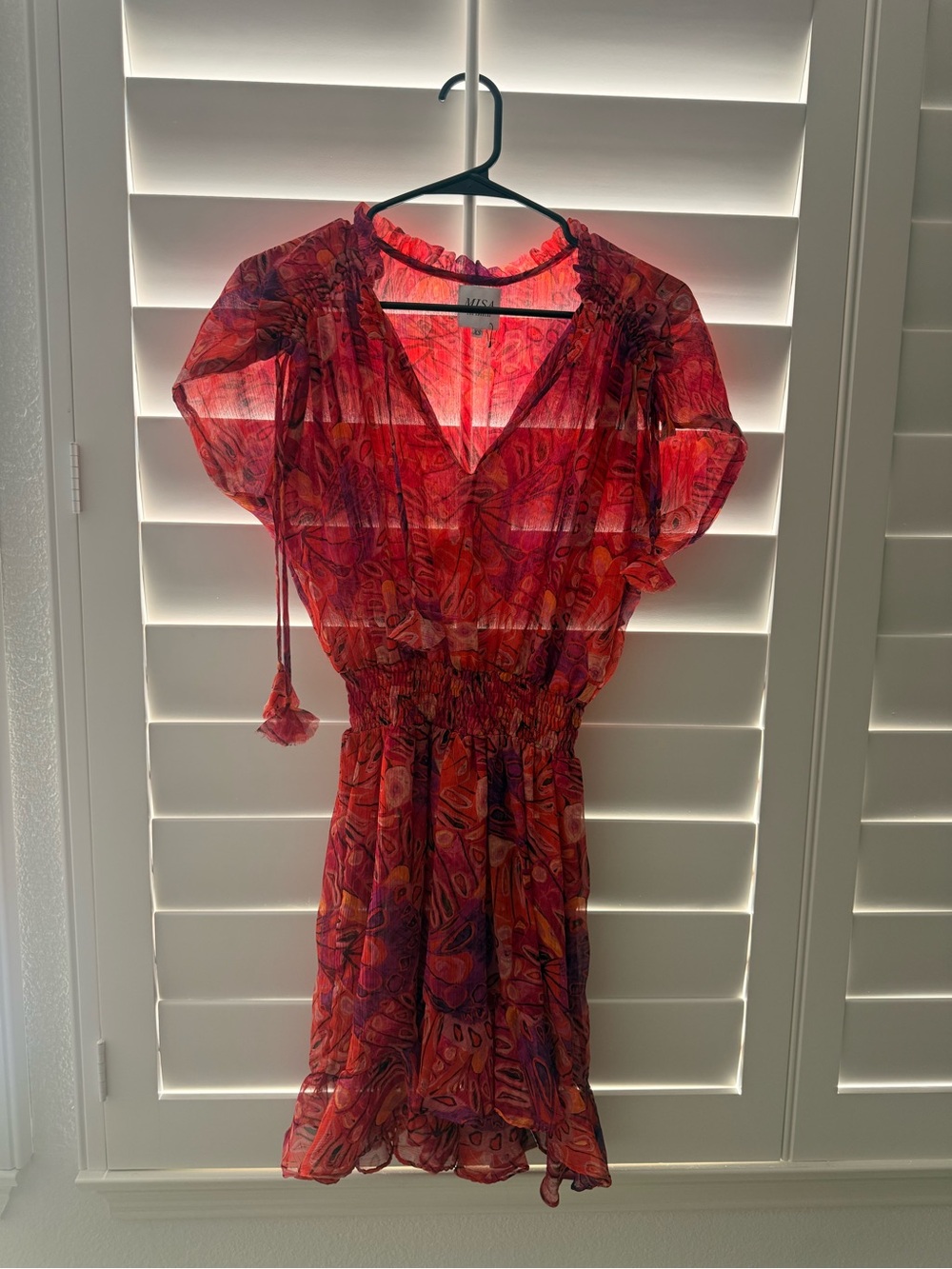 Red Paisley Mini Dress with Smocked Waist.